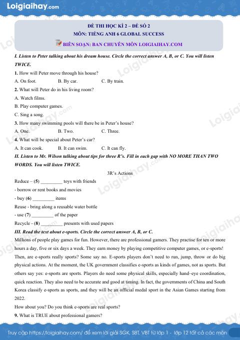Đề thi học kì 2 Tiếng Anh 6 Global Success - Đề số 2